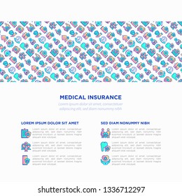 Medical insurance concept with thin line icons: policy, life insurance, psychological support, maternity program, 24/7 support, mobile app, telemedicine. Vector illustration, print media template.