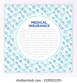 Medical insurance concept with thin line icons: policy, life insurance, maternity program, 24/7 support, mobile app, telemedicine. Modern vector illustration, template for print media, banner.
