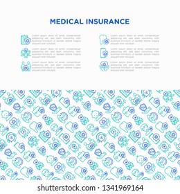Medical insurance concept with thin line icons: policy, life insurance, maternity program, 24/7 support, mobile app, telemedicine. Modern vector illustration, template for print media, banner.