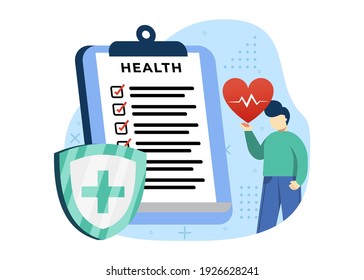 Ilustración vectorial del concepto de seguro médico. Un hombre rellenando un formulario de documento médico. puede usarse para web, página de inicio, aplicaciones móviles, banner web. caricatura de personajes Ilustración de estilo plano.