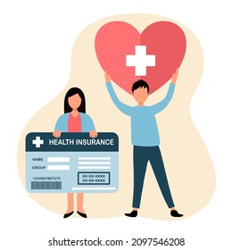 Medical insurance concept vector illustration. Woman holding health insurance card. Man holding heart with cross in flat design.