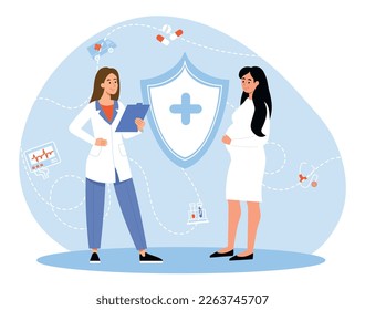 Medical insurance concept. Women on background of shield with cross, health care. Financial literacy and transaction. Medicine for pregnant young girl in dress. Cartoon flat vector illustration