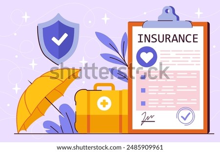 Medical insurance concept. Yellow umbrella and first aid kit with medicines next to contract. Medicine, health care and treatment. Flat vector illustration isolated on violet background