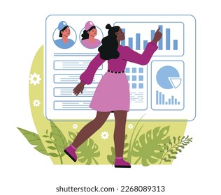 Medical insurance concept. Young woman patient of clinic draws up insurance plan to protect health and life from diseases. Health care, treatment and prevention. Cartoon flat vector illustration