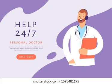 Medical insurance concepte help 24/7 call center. Vector illustration of male doctor with headset talking on the phone for a consultation, support. Medical company service template, ask doctor online