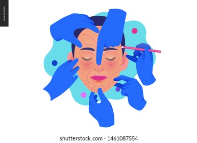 Medical insurance -cosmetic, plastic, aesthetic surgery -modern flat vector concept digital illustration -surgical cosmetic procedure metahor -female face, dotted lines, hands wearing surgical gloves