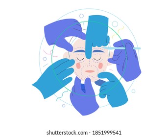 Medical insurance -cosmetic, plastic, aesthetic surgery -modern flat vector concept digital illustration -surgical cosmetic procedure metahor -female face, dotted lines, hands wearing surgical gloves