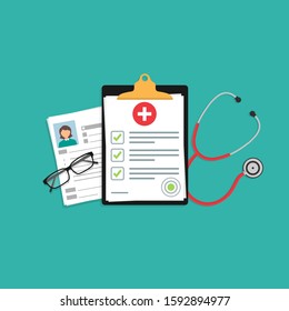 medical insurance document or contract. Medical examination or conclusion. stethoscope, glasses on the desktop. stock vector illustration 10 eps.