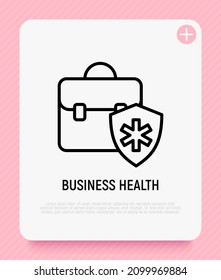 Medical insurance for employees thin line icon: briefcase with medical shield. Modern vector illustration.