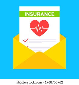 Medical Insurance Envelope Letter Claim Form With File Paper Sheets Flat Style Design Vector Illustration. Concept Of Fill Out Or Online Survey Healthcare Insurance Application Form.