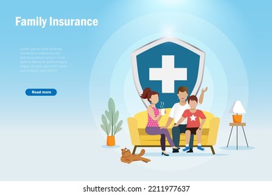 Medical insurance for family health care protection. Happy young couple with kid on sofa with medical shield. Growth in health insurance business concept.