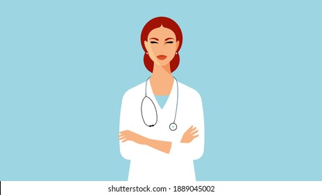 	
Medical insurance - female doctor, medical specialists. Doctors portrait -  therapist in white coat, stethoscope, confident pose. Flat vector illustration.