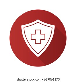 Medical insurance flat design long shadow icon. Security shield with medical cross. Insurance policy. Vector silhouette symbol