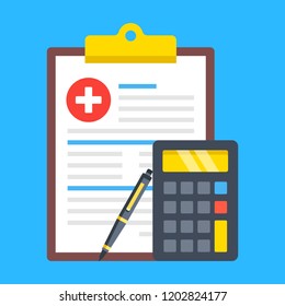 Medical Insurance Form, Health Insurance Calculator, Medical Bill. Cost Calculation Concepts. Clipboard With Document, Calculator And Pen. Modern Flat Design. Vector Illustration