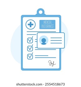 Medical insurance form on a clipboard, featuring checkboxes, personal information, and a healthcare concept