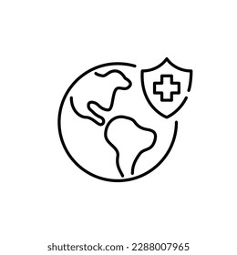 Medical insurance with global coverage. Earth globe, cross on a shield. Pixel perfect, editable stroke icon