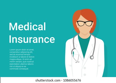 Medical insurance green background with faceless female doctor wearing uniform and stethoscope and copy space for health care information. Flat vector illustration for healthcare and medical services