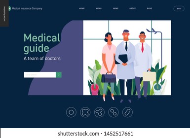 Medical insurance -medical guide -modern flat vector concept digital illustration - medical specialists standing together, team of doctors concept, medical office or laboratory