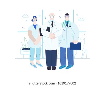 Medical insurance -medical guide -modern flat vector concept digital illustration - medical specialists standing together, team of doctors concept, medical office or laboratory