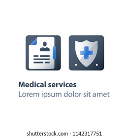 Medical insurance, health care policy, shield with cross, hospital services, preventive check up, sick leave certificate, vector flat icon