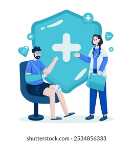 Medical insurance, Health care insurance protection, Male patient meet a doctor, Vector illustration