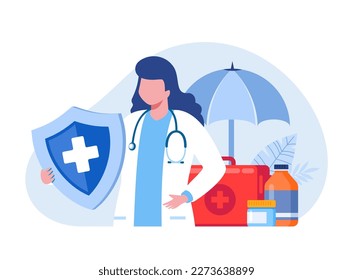 Medical insurance, health insurance, protection concept, umbrella, healthcare, landing page flat illustration vector template banner