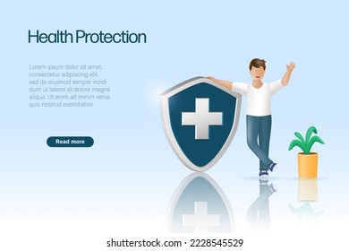 Medical insurance and health protection. Healthy man with medical shield. Attention and awareness in health insurance concept.