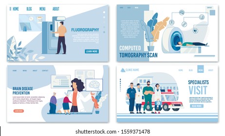 Medical Insurance, Healthcare, Brain Disease Prevention Landing Page Set. Online Services for Order Fluorography Examination, Computed Tomography Scanning, Home Specialist Visit. Vector Illustration