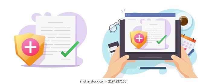 Medical insurance healthcare contract online icon vector, illustrated hospital clinic health care digital claim document on tablet computer with shield design