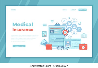 Medical Insurance, Healthcare, Support. Health  claim insurance form, medical card, doctor's license, first aid kit, wallet with money, calculator. landing page template or banner. Vector.