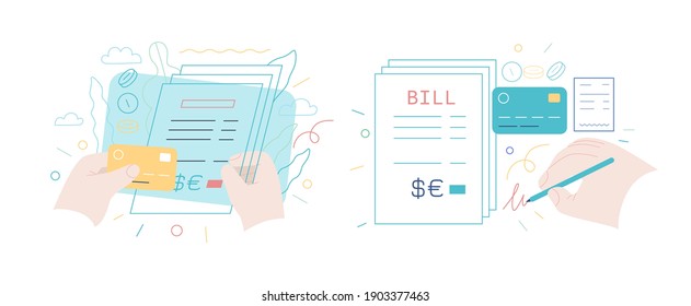 Medical Insurance - Hospital Bills Payment -modern Flat Vector Concept Digital Illustration - Patient Signing A Stack Of Invoices, Holding A Credit Card, Medical Service Metaphor