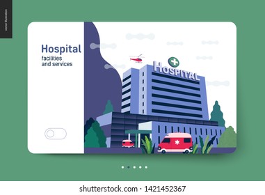 Seguro médico - instalaciones y servicios hospitalarios - moderno concepto de vector plano ilustración digital - un edificio hospitalario con un camión de ambulancia y un helicóptero arriba, oficina médica o laboratorio