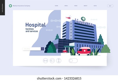 Seguro médico - instalaciones y servicios hospitalarios - moderno concepto de vector plano ilustración digital - un edificio hospitalario con un camión de ambulancia y un helicóptero arriba, oficina médica o laboratorio