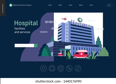 Medical insurance - hospital facilities and services - modern flat vector concept digital illustration - a hospital building with an ambulance car and a helicopter above, medical office or laboratory