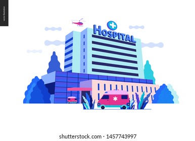 Medical insurance - hospital facilities and services - modern flat vector concept digital illustration - a hospital building with an ambulance car and a helicopter above, medical office or laboratory