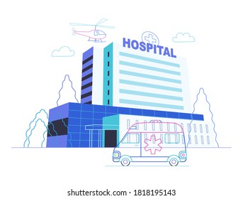 Medical insurance - hospital facilities and services - modern flat vector concept digital illustration - a hospital building with an ambulance car and a helicopter above, medical office or laboratory