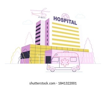 Medical insurance - hospital facilities and services - modern flat vector concept digital illustration - a hospital building with an ambulance car and a helicopter above, medical office or laboratory