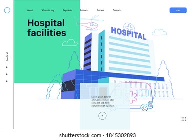 Seguro médico - instalaciones y servicios hospitalarios - moderno concepto de vector plano ilustración digital - un edificio de hospital con un automóvil de ambulancia y un helicóptero arriba, oficina médica o laboratorio