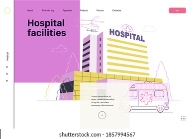 Medical insurance - hospital facilities and services - modern flat vector concept digital illustration - a hospital building with an ambulance car and a helicopter above, medical office or laboratory