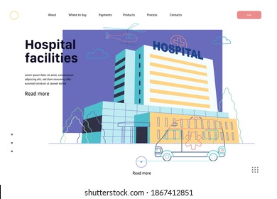 Medical insurance - hospital facilities and services - modern flat vector concept digital illustration - a hospital building with an ambulance car and a helicopter above, medical office or laboratory