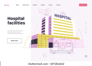 Medical insurance - hospital facilities and services - modern flat vector concept digital illustration - a hospital building with an ambulance car and a helicopter above, medical office or laboratory