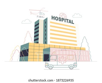 Seguro médico - instalaciones y servicios hospitalarios - moderno concepto de vector plano ilustración digital - un edificio de hospital con un automóvil de ambulancia y un helicóptero arriba, oficina médica o laboratorio