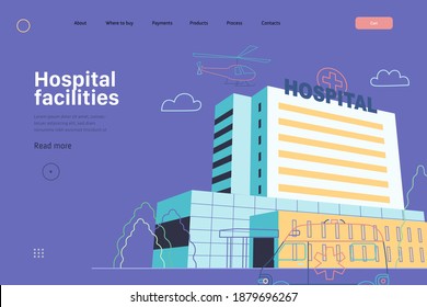 Medical insurance - hospital facilities and services - modern flat vector concept digital illustration - a hospital building with an ambulance car and a helicopter above, medical office or laboratory