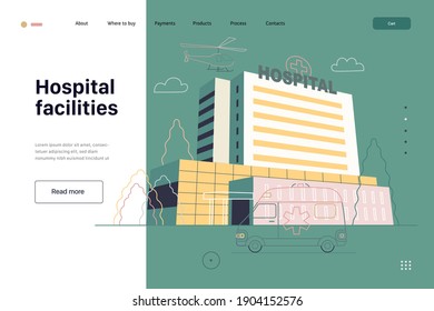 Medical insurance - hospital facilities and services - modern flat vector concept digital illustration - a hospital building with an ambulance car and a helicopter above, medical office or laboratory