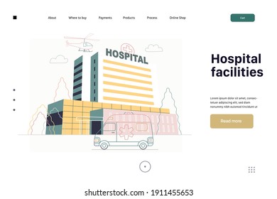 Medical insurance - hospital facilities and services - modern flat vector concept digital illustration - a hospital building with an ambulance car and a helicopter above, medical office or laboratory