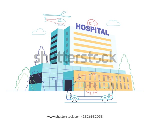 Medical insurance - hospital facilities and\
services - modern flat vector concept digital illustration - a\
hospital building with an ambulance car and a helicopter above,\
medical office or\
laboratory