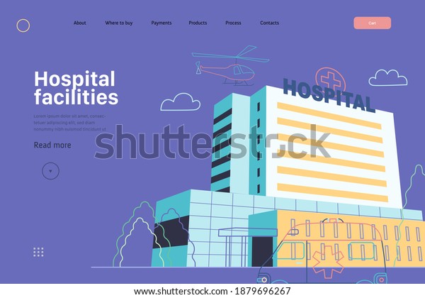 Medical insurance - hospital facilities and\
services - modern flat vector concept digital illustration - a\
hospital building with an ambulance car and a helicopter above,\
medical office or\
laboratory
