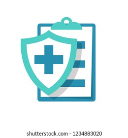 Medical insurance icon. Patient protection. Medical report sign. Clipboard and shield with a cross as a symbol insurance. Vector illustration flat design. Isolated on white background.