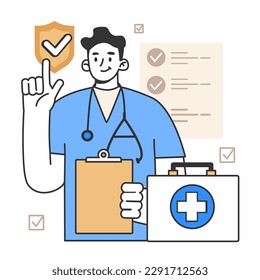 Medical insurance. Idea of security and protection of health and life. Healthcare and first aid. Emergencies compensation or clinic services spendings coverage. Flat vector illustration