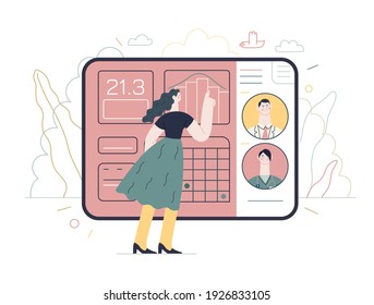 Medical insurance illustration- medical application -modern flat vector concept digital illustration - female user managing the schedule in the hospital application on the tablet